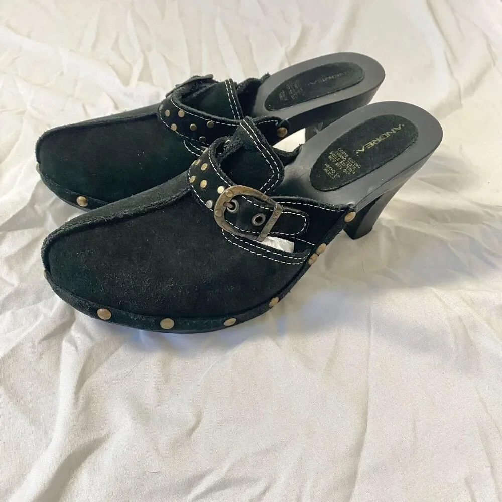 Andres Genuine Leather Black Boho Witchy Brassy Gold Studded Suede Clogs US 8.5 - Picture 4 of 8